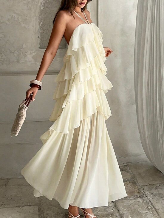 Dresses & Skirts - Apricot Boho Women's Elegant Romantic Layered Ruffle Halter Dress
